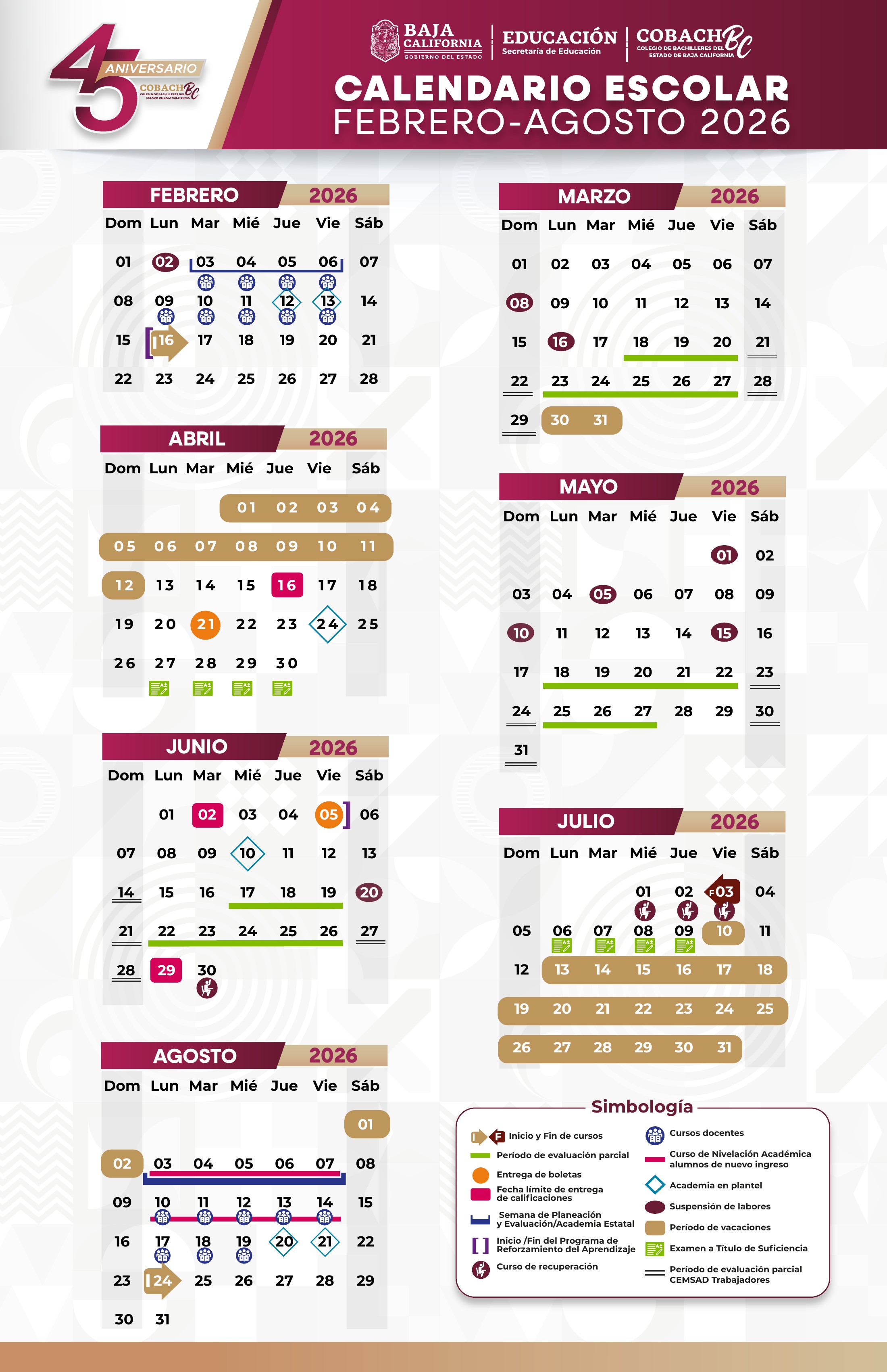 Calendario Escolar Feb-Ago 2026