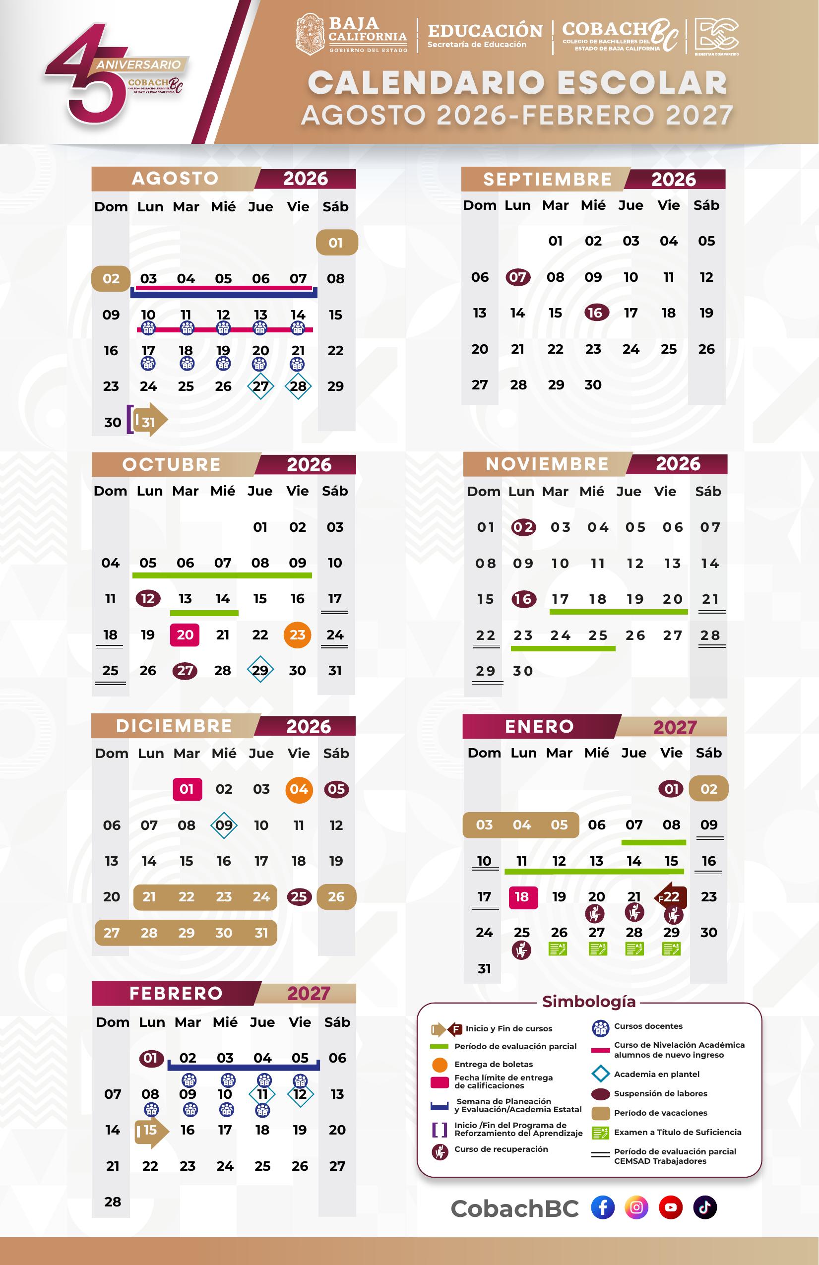 Calendario Escolar COBACH 2026-2027
